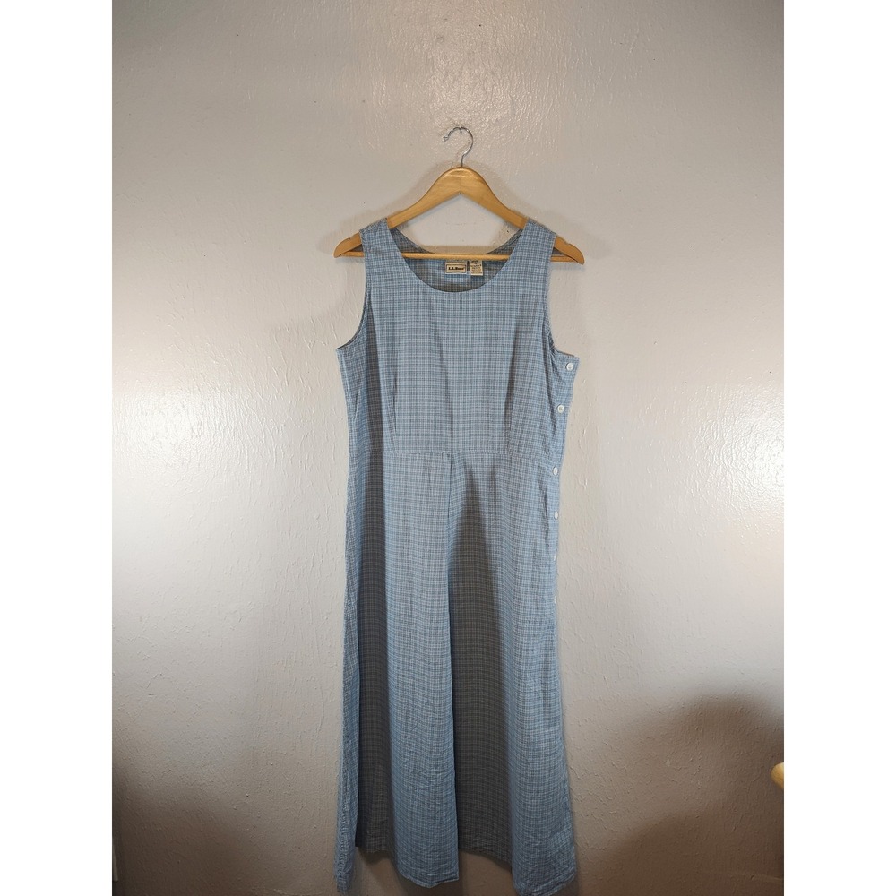 Vintage 90's LL Bean Chore Dress Light Blue Plaid Cottagecore Sleeveless Maxi 12